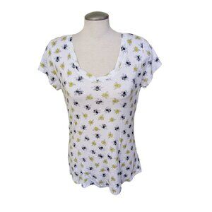 Cupio Womens Size Large Bee All Over Print V Neck Tee T Shirt White Stretch